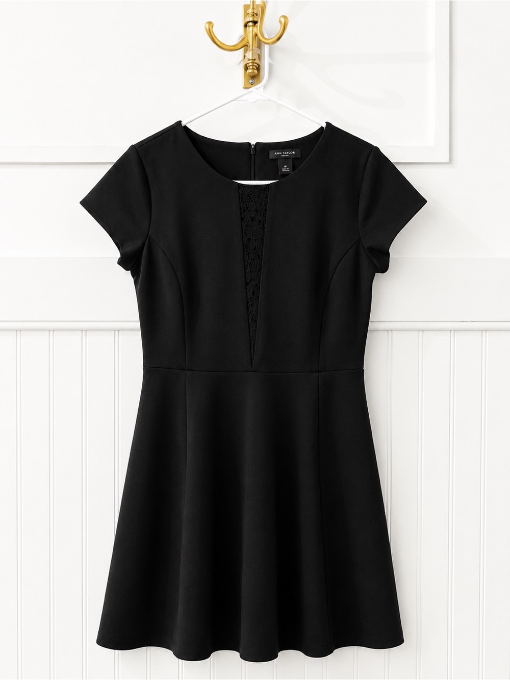 Ann Taylor Black Short-Sleeve Fit & Flare Dress with Lace Panel